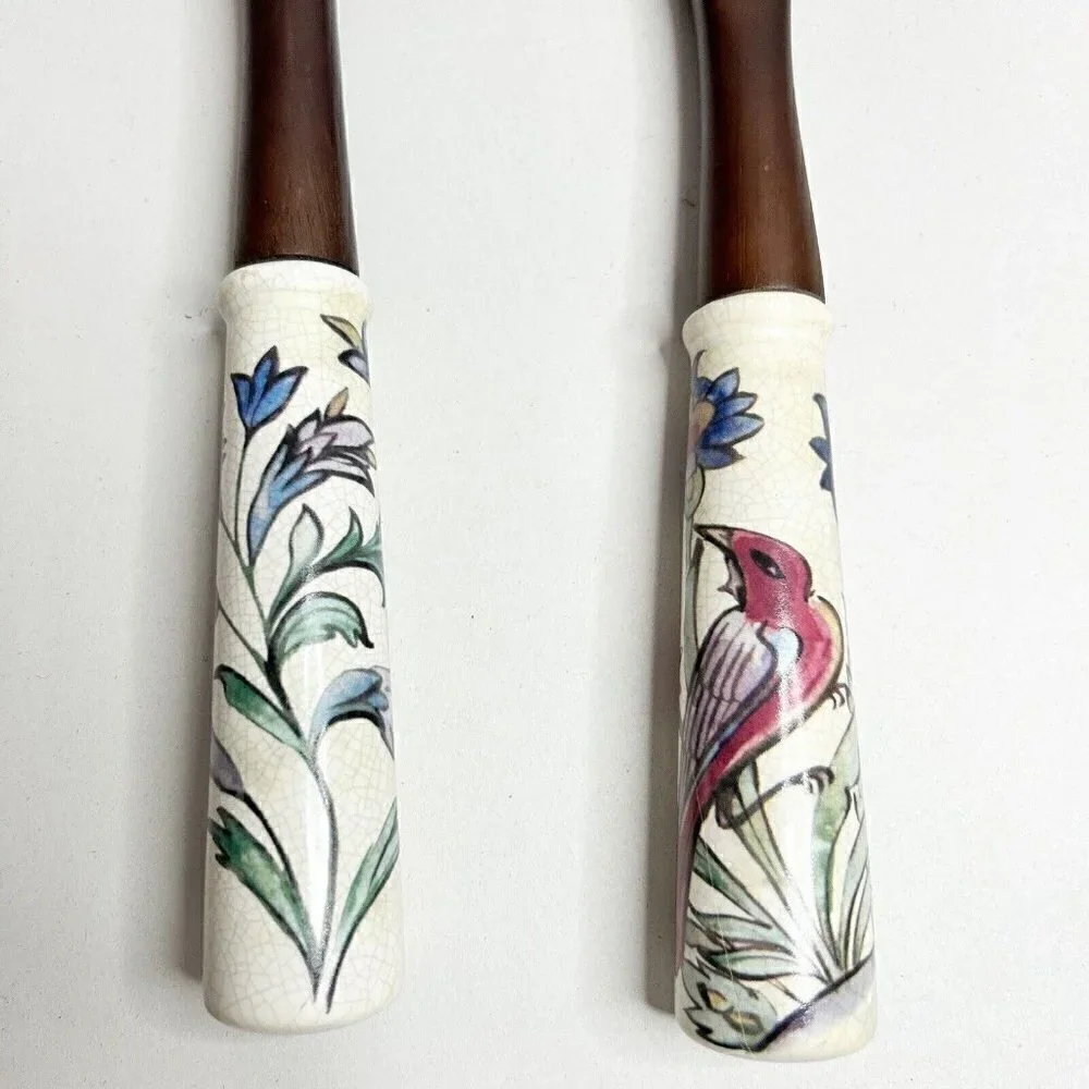 Wooden Salad Serving Fork Spoon Set w/ Porcelain Floral/Bird Handles 13